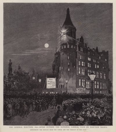 ロンドン、ウェストミンスターのリベラルクラブからの1892年総選挙の結果発表（リトグラフ版 作： Enoch Ward
