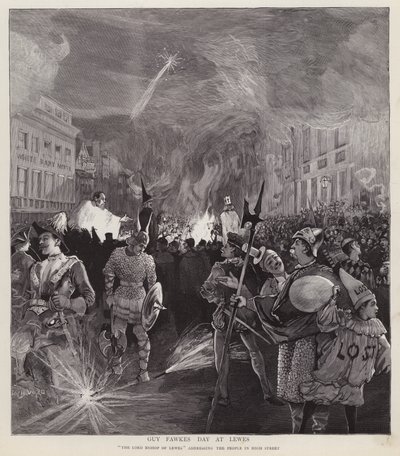 1892年11月5日、サセックス州ルイスでのガイ・フォークスの日の行列（リトグラフ 作： Enoch Ward