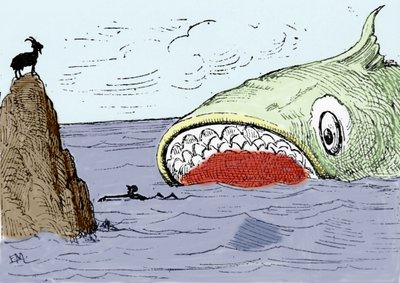 カルロ・コロディの物語「ピノキオ」のイラストです。ピノキオを食べるために捕まえられた巨大な魚。エンリコ・マッツァンティ（1852-1910）が1883年に描いたもの。 作： Enrico Mazzanti