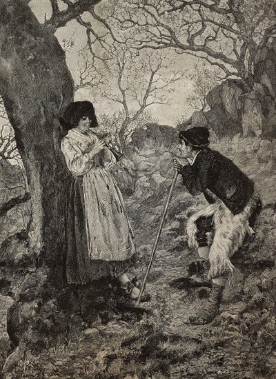 フルートを吹く若い女性に耳を傾ける羊飼いのイディル、エンリコ・ナルディの水彩画からのG・サバッティーニによる彫刻、『L
