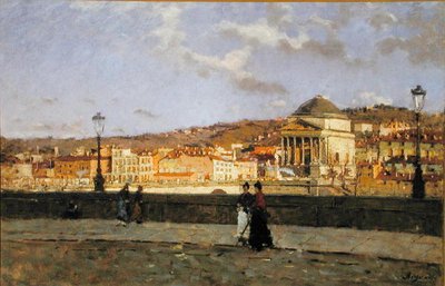 ポー川沿いの岸壁とグランデマドレディディオ教会、トリノ、1882 作： Enrico Reycend