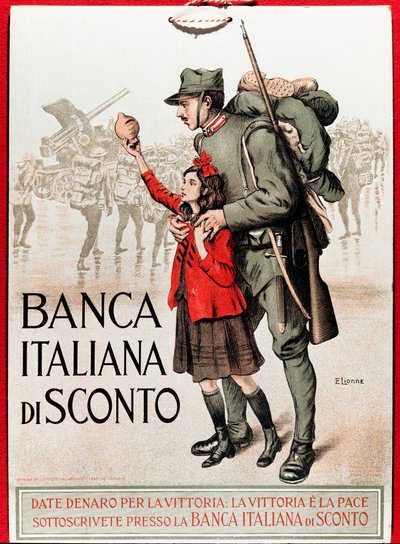 第一次世界大戦：国の借款を奨励するイタリアのポスターで、リラを差し出す少女と兵士が描かれている - イラスト：Enrico della Leonessa (Lioness) (1875-1921) 作： Enrico della Lionne