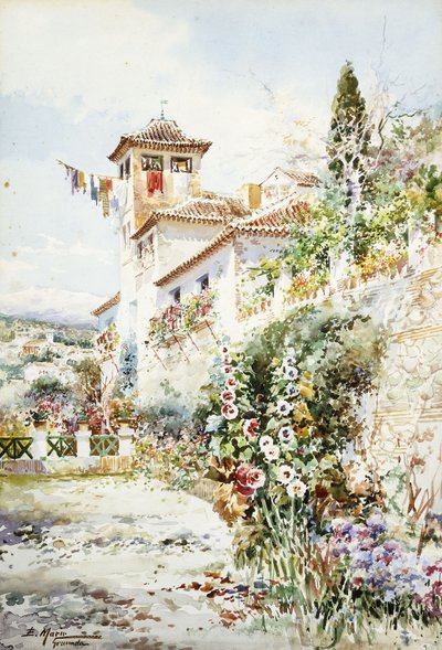 夏のアンダルシアの家と庭（鉛筆とw - c） 作： Enrique Marin Higuero