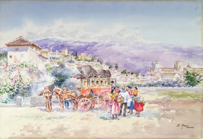 駅馬車から降りる旅人（鉛筆と水彩） 作： Enrique Marin Higuero