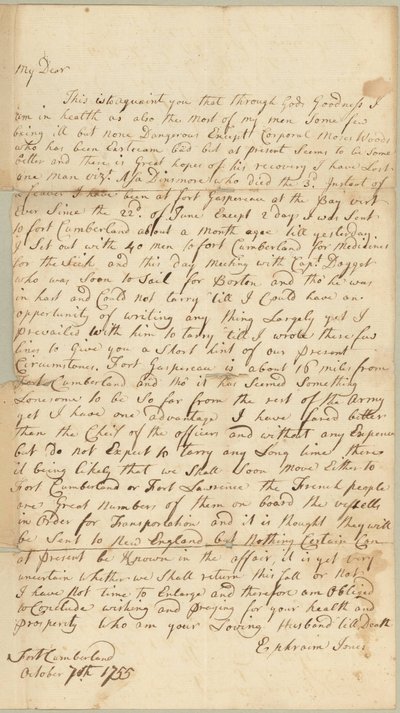 1755 年 10 月 7 日、マサチューセッツ州コンコード、アリス ジョーンズ宛ての手紙 (紙にペンとインク) 作： Ephraim Jones