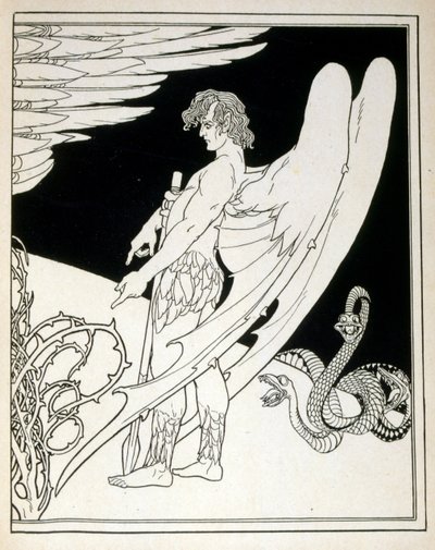 エフライム・モーゼス・リリアン（1874-1925）が描いた『ユダ』に登場する巨大な天使。リリアンは、ユーゲントシュティル（ドイツのアールヌーボー）様式で制作されたシオニストの図像の父と言われている。1900年に出版された聖書の詩集「ユダ」の挿絵を担当しました。 作： Ephraim Moses Lilien