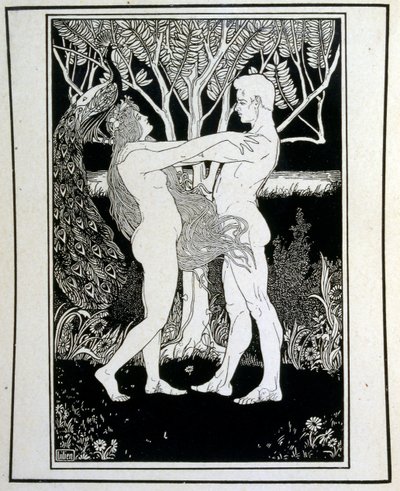 エフライム・モーゼス・リリアン（1874-1925）が挿絵を描いた『ユダ』の中の「アダムとイブ（無邪気）」。リリアンは、ユーゲントシュティル（ドイツのアールヌーボー）様式で制作されたシオニストの図像の父と言われている。彼は、聖書の本である「ユダ」（1900年）の挿絵を担当しました。 作： Ephraim Moses Lilien