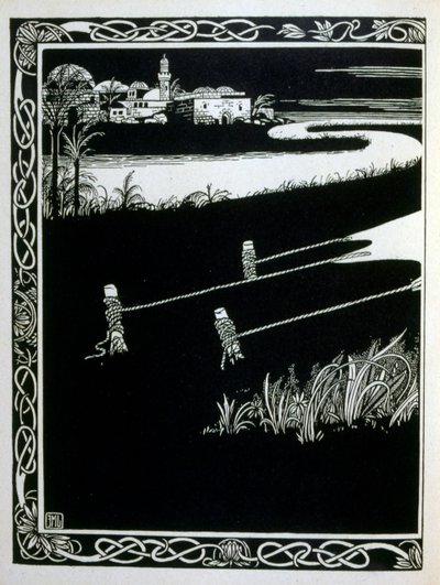 エフライム・モーゼス・リリアン（1874-1925）が描いた『ユダ』の中の「ゲモルヘ（ゴモラ）の前のエナック」。リリアンは、ユーゲントシュティル（ドイツのアールヌーボー）様式で制作されたシオニストの図像の父と言われている。挿絵を担当したのは「Juda」（1900年）。 作： Ephraim Moses Lilien