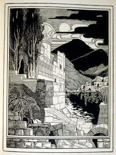 エフライム・モーゼス・リリアン（1874-1925）が描いた『ユダ』の中の「ソドムの廃墟」。リリアンは、ユーゲントシュティル（ドイツのアールヌーボー）様式で制作されたシオニストの図像の父と言われている。彼は聖書の詩人の本である「ユダ」（1900年）の挿絵を担当した。 作： Ephraim Moses Lilien