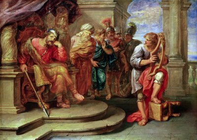 ハープを弾くデビッドの言うことを聞いているサウル 作： Erasmus Quellinus II