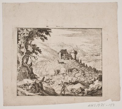 城と放浪者のいる山岳風景 作： Erasmus Sigismund Resch
