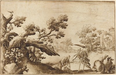 廃墟のある海岸風景の中の死と木こり 作： Ercole Bazicaluva