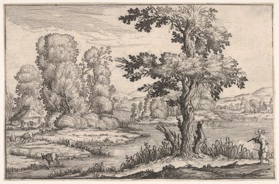 川の近くで放牧されているヤギのいる風景と右前景の人物、1638 年に描かれた。 作： Ercole Bazicaluva