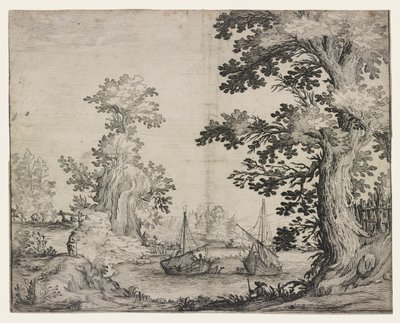 木々と丘の間に川があり、中央に 2 隻の船がある風景 作： Ercole Bazzicaluva