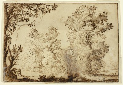 旅行者を前景にした森の風景 作： Ercole Bazzicaluva