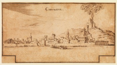 スペイン、カルタヘナの眺め、1642年頃（敷紙にペンと茶色のインク、下部に茶色のインクのフレーミングラインが階段状に描かれている） 作： Ercole Frigoni Bazzicaluva