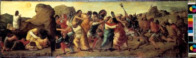 ゲッセマネの園での祈りとイエスの捕縛 エルコレ・デ・ロベルティ（約1450-1496）による絵画 1482年 薄暗い 35x118 cm ドレスデン、ゲマルデガレリー 作： Ercole de Roberti