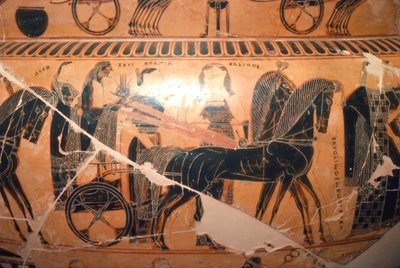 フランソワの花瓶からのカリオペと戦車に乗ったゼウスとヘラの詳細、紀元前 6 世紀 作： Ergotimos
