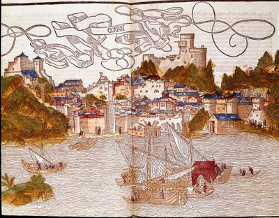 ギリシャのコルフ港（Corfu） 旅行記「Peregrinatio in terram sanctam」より抜粋 ブライデンバッハ（Breidenbach）のベルナール（1454-1497）の聖地巡礼の後、エルハルト・ロイウィッチの彫刻で描かれたページ。 作： Erhard Reuwich