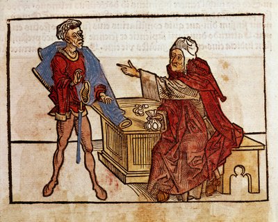 ユダヤ人と高利貸しの取引 Bernard de Breydenbach (Breidenbach) (1454-1497)の聖地巡礼後の旅行記「peregrinatio in terram sanctam」からの引用。 作： Erhard Reuwich