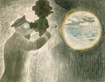 潜望鏡を覗く潜水艦（サブマリン）士官。紙に水彩と鉛筆 作： Eric Ravilious