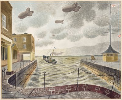 英国の港の外の弾幕風船（紙に鉛筆と水彩） 作： Eric Ravilious