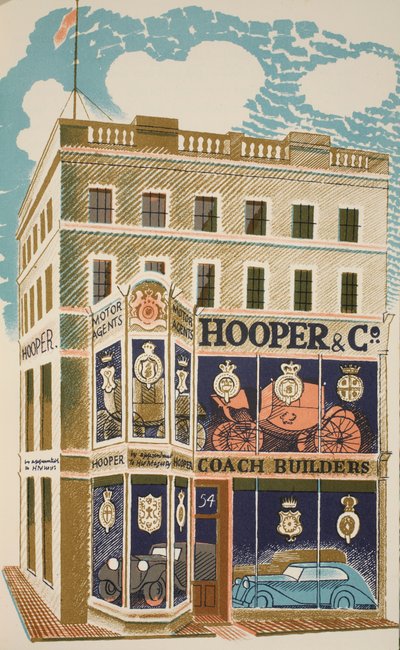 コーチビルダー、JMリチャーズによる「ハイストリート」のイラスト。カントリーライフ、1938 作： Eric Ravilious