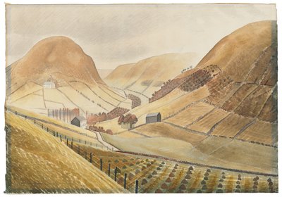 Corn Stooks and Farmsteads-Hill Farm、Capel-yffin、Wales、1938 作： Eric Ravilious