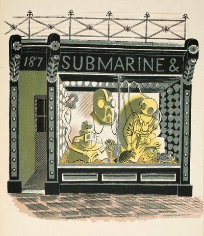 ダイビングショップ、JMリチャーズの「ハイストリート」のイラスト、Curwen Press、pubによって印刷。カントリーライフ、1938 作： Eric Ravilious