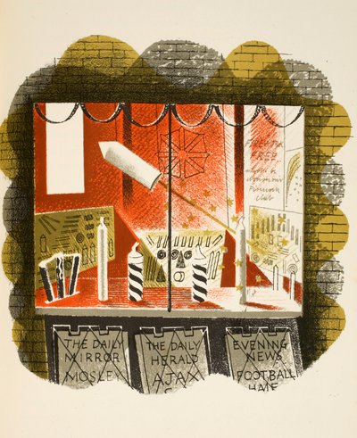 ニュースエージェント、JMリチャーズの「ハイストリート」のイラスト、Curwen Press、pubによって印刷。カントリーライフ、1938 作： Eric Ravilious