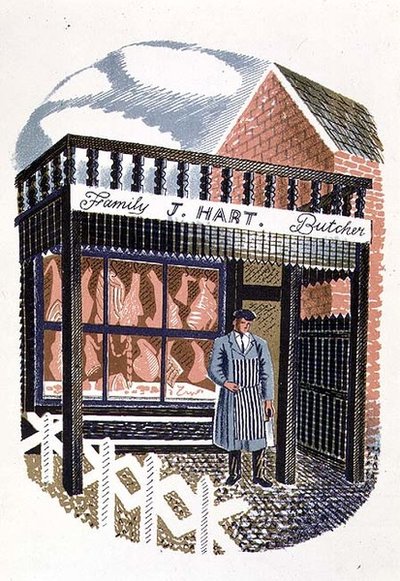 The Curcher Pressが印刷したHigh StreetのThe Butchers Shop、JM Richards、Country Life発行、1938（24セット） 作： Eric Ravilious