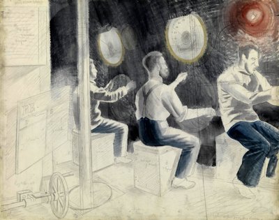 潜水艦潜航中の潜水管制室。エリック・ラヴィリアス（1903-1942）による鉛筆画シリーズ、第二次世界大戦中（1939-1945）に潜水艦に乗船。 作： Eric Ravilious