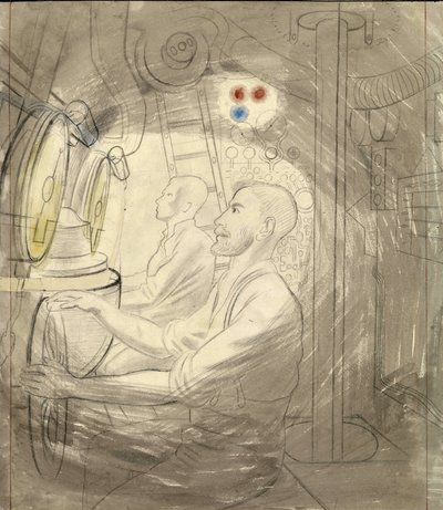潜水艦の潜水管制室。エリック・ラヴィリアス（1903-1942）による鉛筆画シリーズ、第二次世界大戦中（1939-1945）に潜水艦に乗船。 作： Eric Ravilious