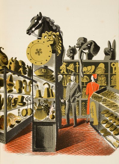 カーウェンプレスのパブが印刷した、JMリチャーズの「ハイストリート」のイラスト。カントリーライフ、1938 作： Eric Ravilious