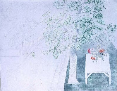 木の下のポピーの花瓶（水彩画） 作： Eric Ravilious