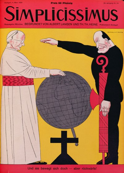 教皇ピウス 11 世 (1857 ～ 1939 年) とムッソリーニ (1883 ～ 1945 年)、1929 年ラテラノ条約当時、「Simplicissimus」誌の表紙イラスト、1929 年 3 月 4 日 (カラー リソ) 作： Erich Schilling