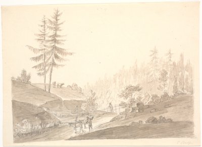 牛と 2 人の男性とノルウェーの山の風景 作： Erik Pauelsen