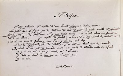 図面付きの楽譜の序文ページの原稿 作： Erik Satie