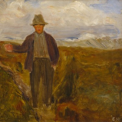 スミウベルゲン山とロンダーネ山を後ろに持つ男 作： Erik Theodor Werenskiold