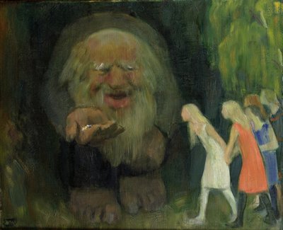 トロールは女の子を金でおびき寄せた (キャンバスに油彩) 作： Erik Theodor Werenskiold