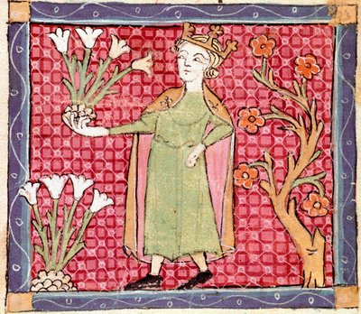 4月：植物を摘む。エルメンゴール・ド・ベジエ（マトフレ・エルメンゴー）（エルメンゴー）（1322年没）の「ブレヴィアリ・ダモール」（Breviari d