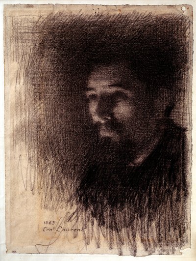 画家ジョルジュ・ピエール・スーラの肖像。ローラン・アーネスト（1858-1929）による白紙に木炭画 作： Ernest Joseph Laurent