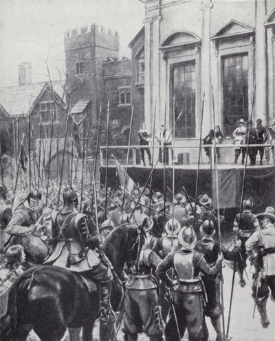 1649年1月30日、ロンドン、ホワイトホールの宴会場の外で行われたチャールズ1世の処刑（リトグラフ版 作： Ernest (after) Crofts