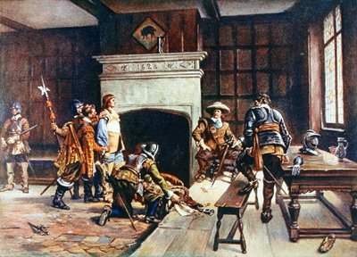 ホルボーンのブルー・ボアでのオリバー・クロムウェル（1599-1658）、1920年代頃、リチャード・ウィルソン編集の「Lives of Great Men Told by Great Men」のイラスト（カラーリトグラフ版） 作： Ernest (after) Crofts