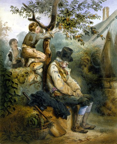 眠っている農夫の目を盗んでリンゴを盗む子供たち - Grenierによるリトグラフ, v.1840 作： Ernest (after) Grenier