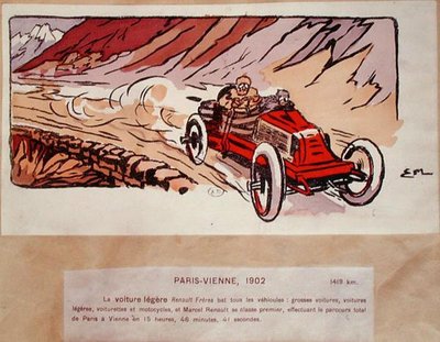 1902年のパリ-ウィーン・ラリーに出場するルノー・フレールのマルセル・ルノー（1872-1903）、1910年頃（カラーリトグラフ） 作： Ernest (after) Montaut