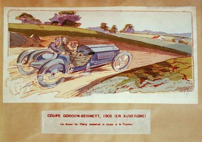 1905年にオーヴェルニュで開催されたゴードン-ベネットレースでレオン・セリーが運転したリシャール・ブラジエの車、1910年頃（カラーリトグラフ） 作： Ernest (after) Montaut