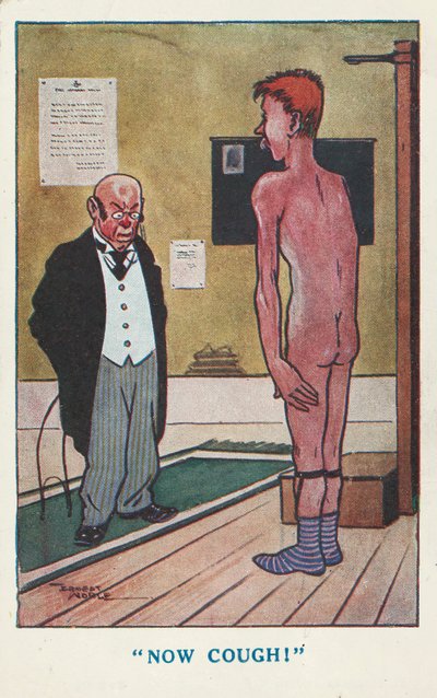 診察中の裸の男性に咳払いをする医師（カラーリトグラフ 作： Ernest (after) Noble