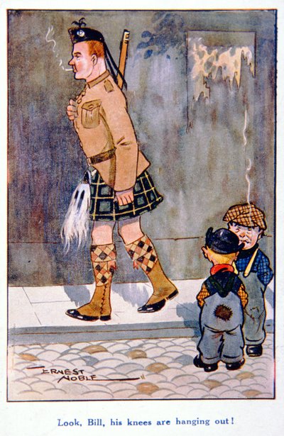 見ろ、ビル、膝が垂れているぞ！」、イギリスの第一次世界大戦の絵葉書 作： Ernest (after) Noble