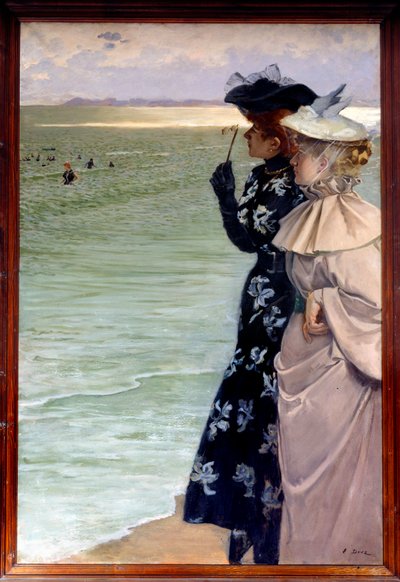 美しい時代。"Bath time by the sea" 海岸にいる二人の女性が双眼鏡で海水浴客を調べています。アーネスト・アンジュ・ドゥーズ（1843-1896）の絵画 1896年 日1,06x1,6 m Rouen, musee des Beaux Arts - ベル・エポック：「海辺のバスタイム」 海辺の二人の女性がバイノクルで入浴者を調べている。 作： Ernest Ange Duez